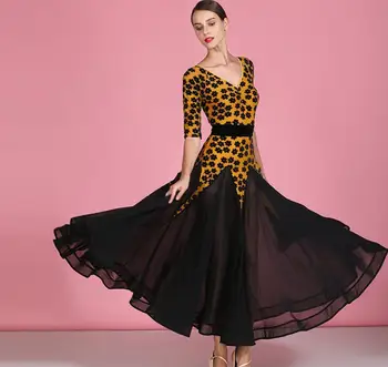 balles balles kleitu 2019 balles kleitu sieviete konkurences standarta deju kleita dzeltena melna ziedu drukāt 1878